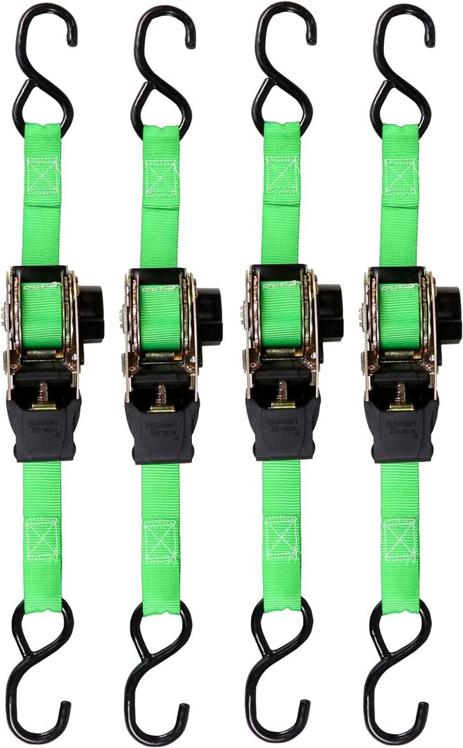 SMARTSTRAPS Retractable Ratchet Tie Down Straps (4 PK) 1,500lb Break Strength, 500lb Safe Work Load, Standard Duty, Secure and Haul ATVs, Lawn Tractors, Cargo, Boxes and Other Small Equipment (Green)
