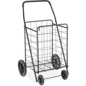 Whitmor Extra Large Utility Foldable Shopping Cart with Wheels, 100 Lb Capacity, Heavy Duty Grocery Cart with Steel Frame, Foam Handle, Rolling Collapsible Utility Trolley for Grocery, Laundry, Black