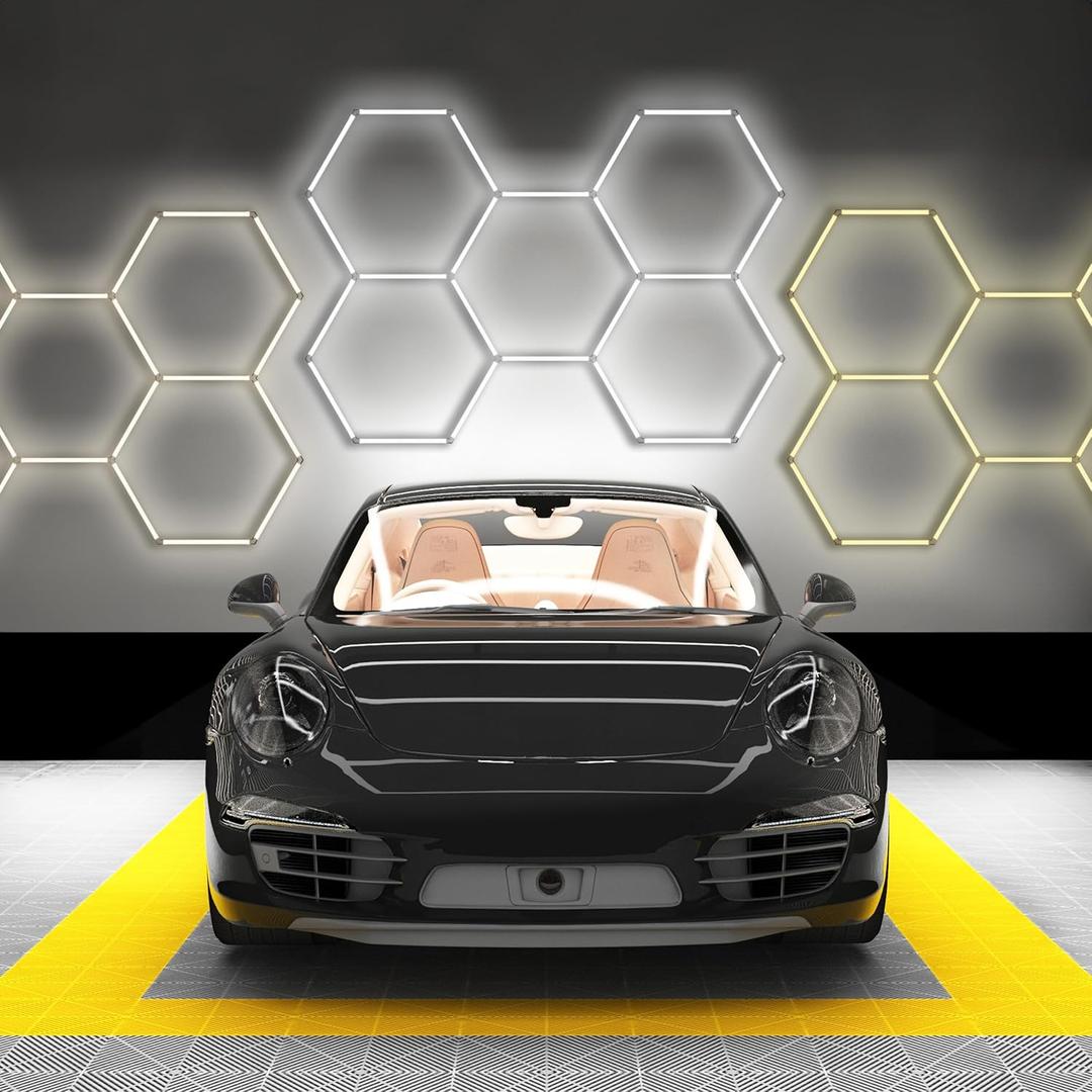 Neatfi LED Hexagon Garage Lights, 14,763 Lumens, 3 Adjustable Light Modes (6900K, 4300K, 3000K), 133W Honeycomb Ceiling Light for Car Detailing, Barber Shop, Beauty Salon, and Gyms (5 Hex Grids, CCT)