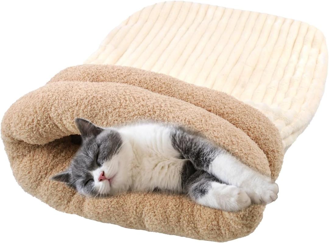 Large Cat Sleeping Bag, Soft Plush Cat Sleep Bag Cozy Warm Kitten Cave Bed Comfortable Winter Ferret Snuggle Sack for Kitten Rabbits Guinea Pigs(White)