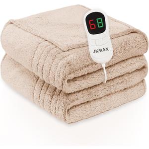 JKMAX Heated Electric Blanket King Size - 100"x90" Flannel Heating Blanket with 10 Heating Levels & 5 Time Settings Over-Heat Protection, Winter Warmer for Adults with ETL Certification（Beige）
