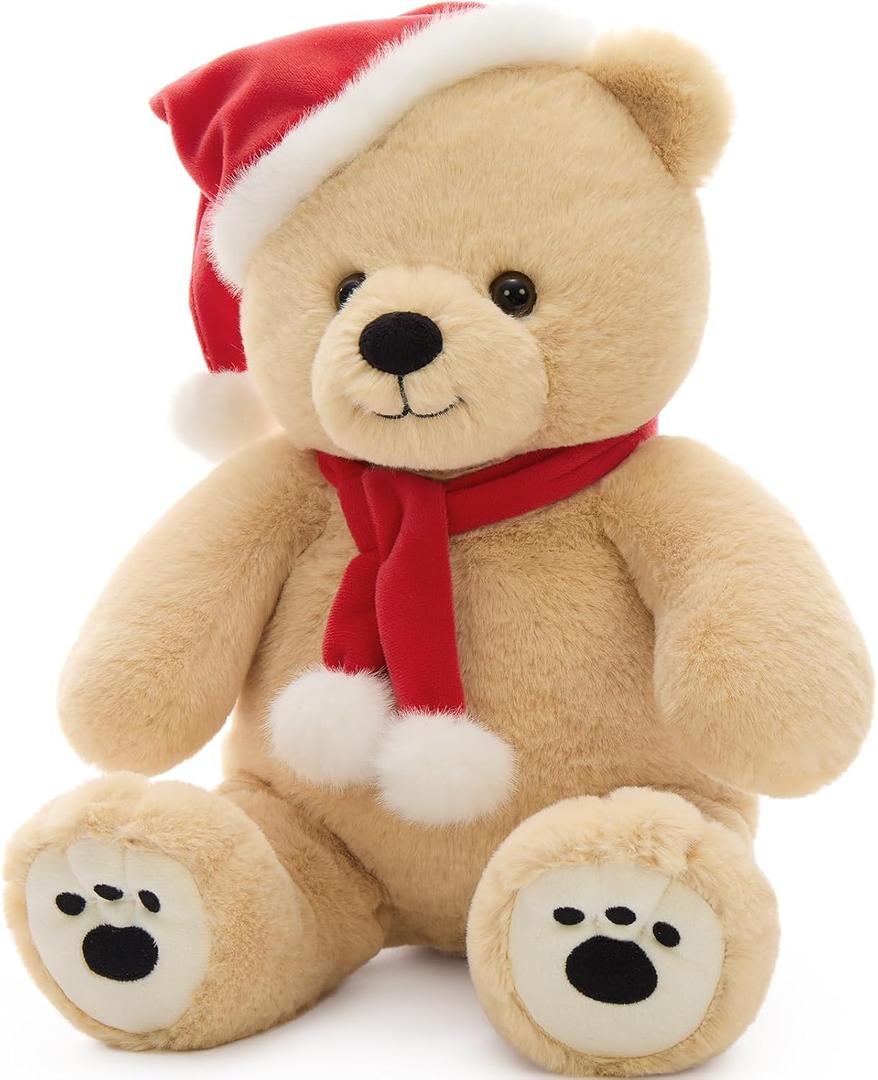 Tezituor Christmas Teddy Bear Stuffed Animals, 18inches Big Stuffed Bear with Santa Hat & Scarf for Kids Women, Soft Christmas Plush Toys for Decoration, Brown