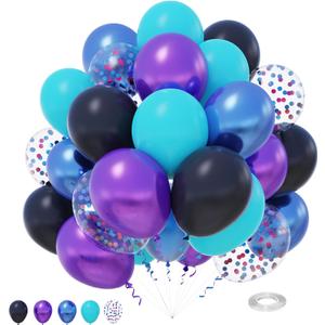 2 x Metallic Blue Purple Balloons with Confetti - Latex Balloons for Halloween, Boys, Space, Wedding Parties