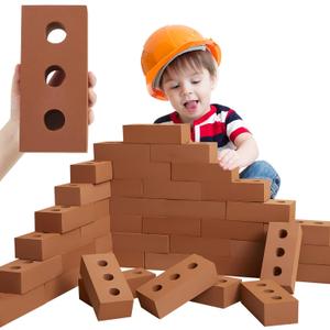 Deekin 30 Pcs Foam Brick Building Blocks for Kids Thick Blocks Foam Large Fake Brick Construction Toy for Stacking Construction, 8 x 4 x 2.4 in(Circle Holes)