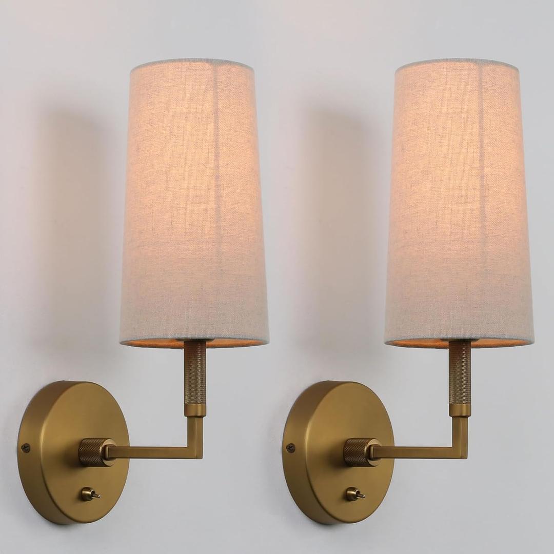 Brass Wall Sconces Set of Two, Hardwired Linen Fabric Shade Wall Lamps, Bathroom Vanity Lights Fixture with Switch, Indoor Wall Lights for Bedroom Living Room Corridor, Liinen Cloth