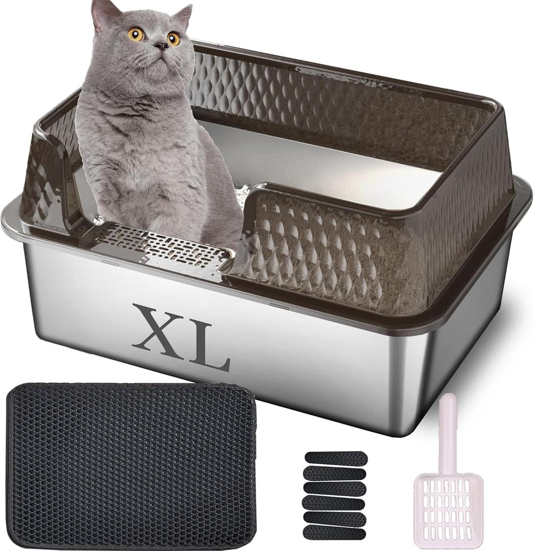 Suhaco Medium Stainless Steel Litter Box Side Entry High Walls Deep Metal Cat Litter Boxes Low Entry with High Sided Removable Lid Litter Mat and Scoop Litter Pan (Tall Black) (Large)