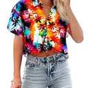 Cropped Hawaiian Shirts for Women Hawaii Tropical Button Down Tops Floral Tropic Print Summer Beach Outfits Orange, Medium