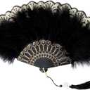 Fumwase Foldable Feather Fan Embroidered Flower Handheld Chinese Folding Fans 1920s Feather Fan Flapper Hand Fan for Costume Party Wedding Dancing Decoration (Black)