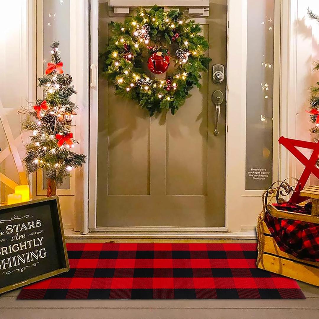 Christmas Red and Black Plaid Rug, 28 x 43 Inches Cotton Hand-Woven Layered Door Mat for Front Porch, Entryway, Outdoor Holiday Decor, Washable Buffalo Check Rug for Home, Patio, Kitchen