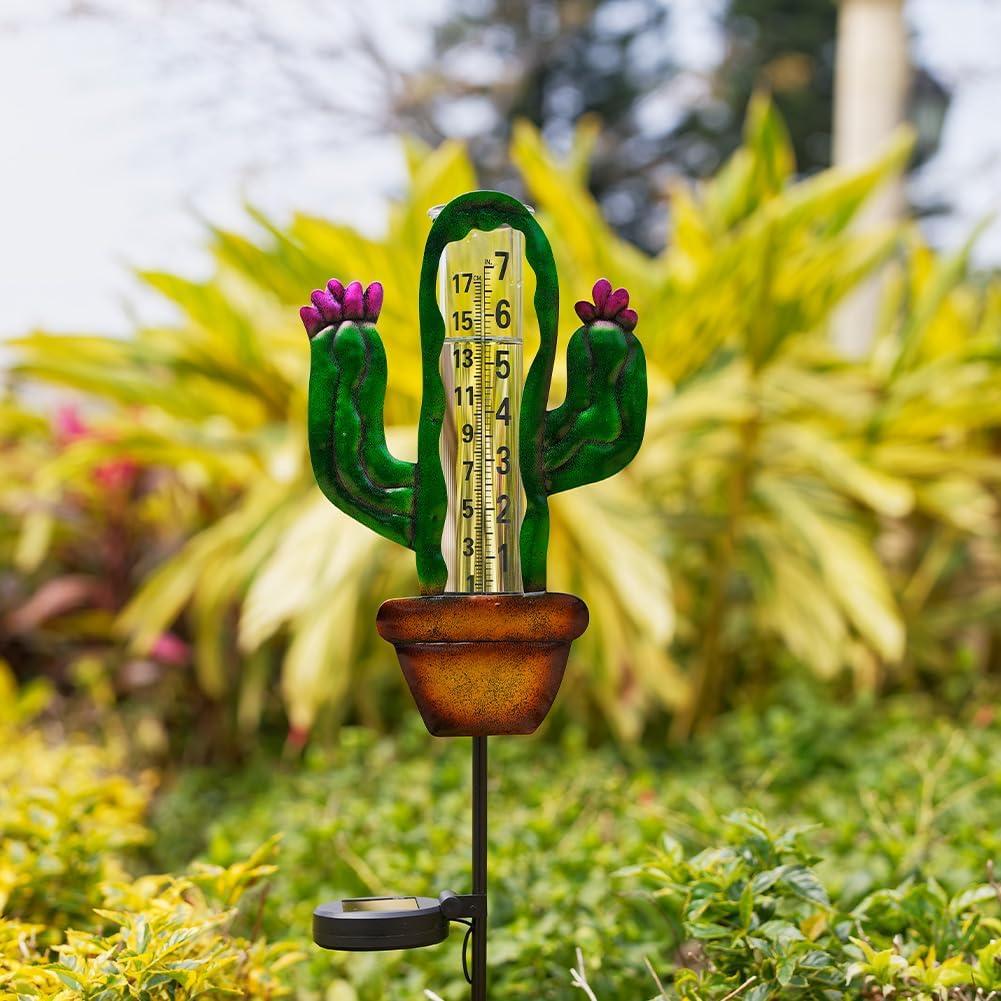 Stargarden Solar Rain Gauge Outdoor, Cactus Solar Powered Rain Gauge, 7 Inch Tube Rain Measure Gauge with Metal Stake, Decorative Rainfall Measurement for Lawn, Patio, Yard, Garden