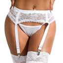 Women Floral Lace Garter Belt P Mesh Suspender Belt with 4 Straps Metal Clip for Thigh Highs Stocking (M, White)