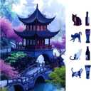 Garden Pavilion 500 Piece Puzzle for Adults Serene Misty Tower Landscape with Cherry Blossoms & Stone Arch Bridge Jigsaw Puzzle Fun Family Puzzles Gift for Adults Seniors 15"x23"