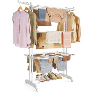 SONGMICS Clothes Drying Rack Stand 4-Tier, Foldable Laundry Drying Rack 68.1-Inch Tall, Stainless Steel, Rolling Clothes Horses Dryer Rack, Easy to Assemble, Indoor Outdoor Use, Cloud White ULLR701W03