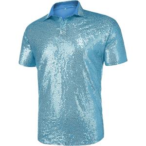URRU Men's Relaxed Short Sleeve Turndown Sparkle Sequins Polo Shirts 70s Disco Nightclub Party Shirt Top, Size: M