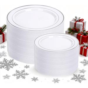 I00000 200 Pcs Silver Plastic Plates - Silver Disposable Party Plates Include 100 Dinner Plate and 100 Elegant Dessert Plate Perfect for Party, Holiday, Wedding & Birthday