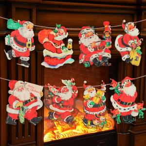 6.56 ft Vintage Christmas Santa Banners Christmas Decorations Wooden Garland Hanging Decorations Xmas Banner for Xmas Party Home Office Mantle Wall Outdoor Indoor