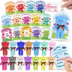 28 Packs Valentine's Day Gift for Kids - 4.7" Mini Plush Bear Stuffed Animals Bulk Keychain with Valentine's Day Cards for Kids School, Classroom Gift Exchange, Party Favor & Prize for Boys Girls
