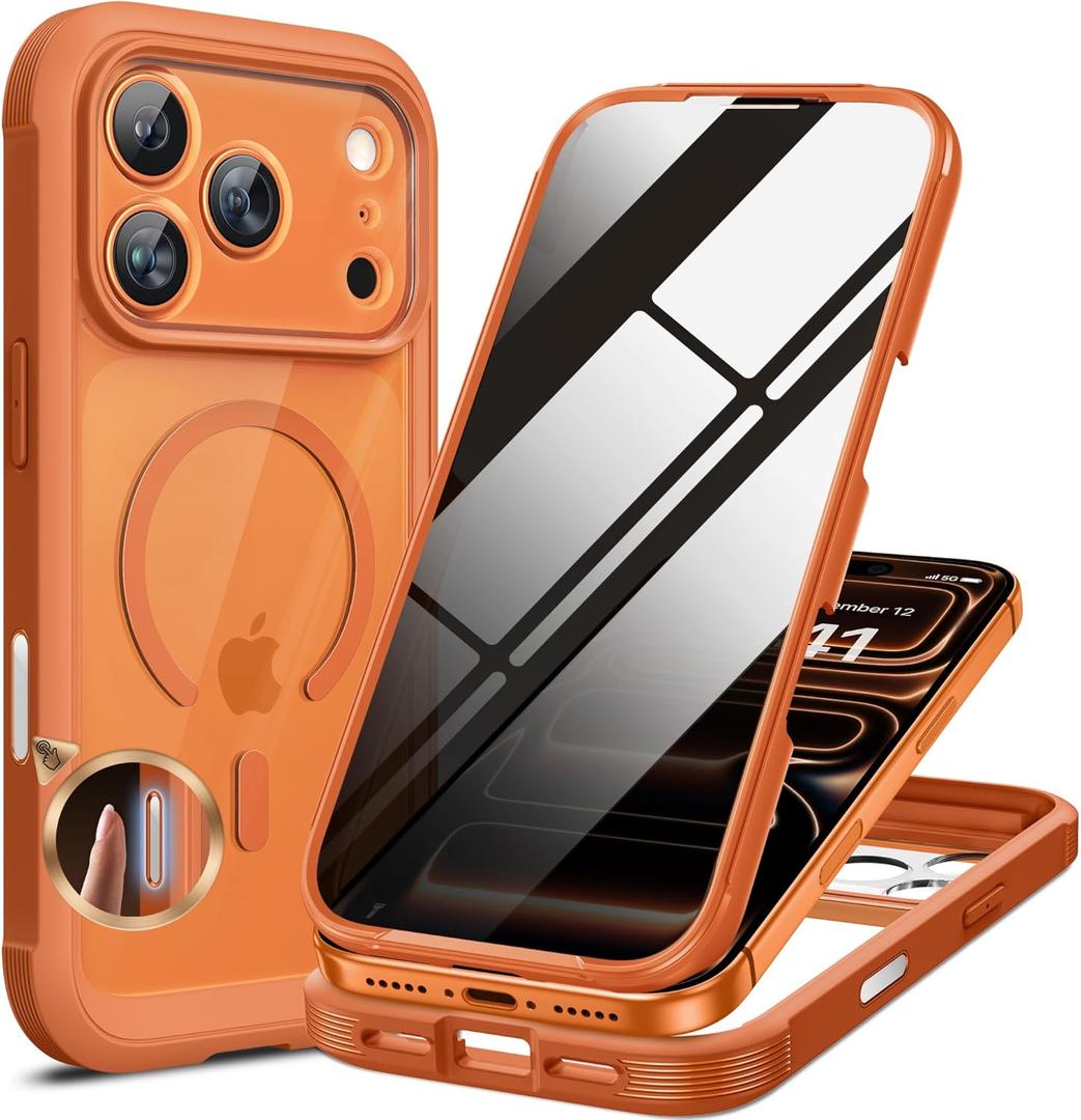 Miracase Magnetic for iPhone 17 Pro Max Case with Privacy Screen Protector [Compatible with MagSafe], Full Camera Protection and Full Body Shockproof Bumper 17 Pro Max Phone Cover 6.9", Orange