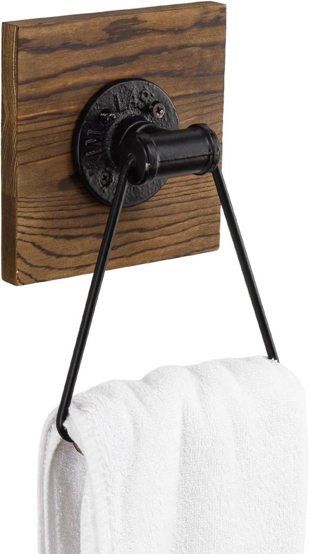MyGift Industrial Metal Hand Towel Holder with Rustic Solid Burnt Wood Wall Backing, Matte Black Towel Ring for Bathroom, Kitchen, Laundry Room 5.5 x 8.7 inch (Dark Brown)