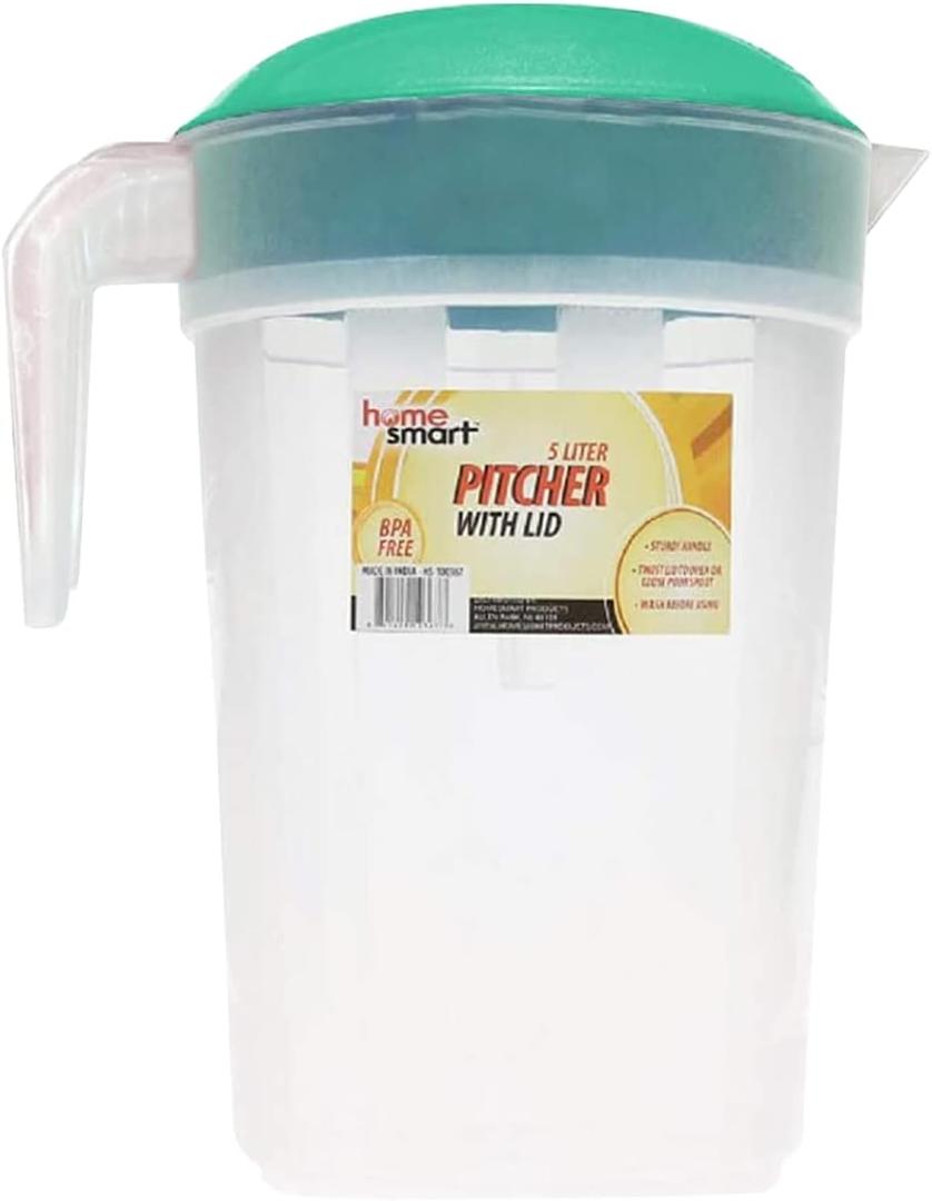 Green Ice Tea Pitcher - 5L Plastic, 1.3 Gallon, With Lid, For Fridge