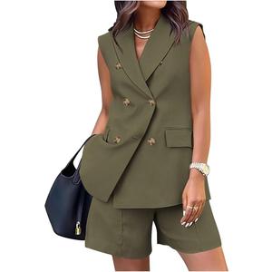 Women's Sleeveless Suit Jacket Vest Shorts Suit Lapel V-Neck Button Office Business Casual Outfits Suits, Size M, Army Green