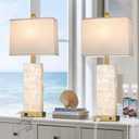 28" Coastal Table Lamps for Living Room Set of 2, Bedside Lamps with Night Light, USB A+C Ports, Modern Sea Shell Bedside Night Stands Light for Beachy Cottage Decor (Gold)