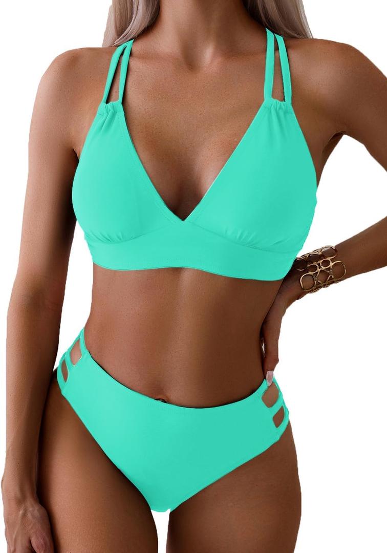 Tainehs Women's Push Up V Neck Bikini Sets Criss Cross Back Two Piece Bathing Suit (Lake Green), S
