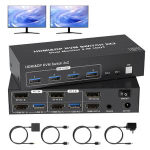 4K HDMI Displayport KVM Switch 2 Monitors 2 Computers Dual Monitor, 4K@60Hz KVM Switcher 2PC Extended Display for 2 Port Share 4 USB 3.0 Hub Keyboard Mouse Desktop Controller and 2 USB Cables Included