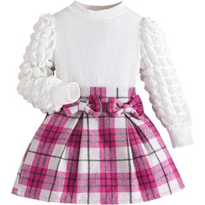 Toddler Girls Clothes Sets: Puff Sleeve Tops Plaid Mini Skirts Skirt Set 2 Piece Fall Winter Outfits 2-8 Years (Purple)