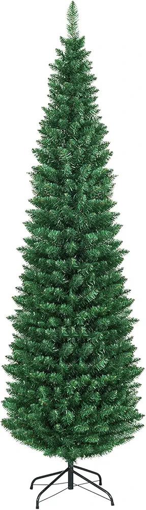 7FT Pencil Christmas Tree, Slim Skinny Hinged Pine Tree with PVC Material, 700 Branch Tips, Solid Metal Legs, Unlit Artificial Xmas Tree for Home, Holiday, Hotels, Outdoor Decoration, Green