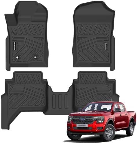 NIKALAIKA Floor Mats for 2024 2025 Ford Ranger SuperCrew All Weather Protection TPE Rubber Floor Liners for Ford Ranger 2024 2025 Accessories, Odorless Anti-Slip, 1st & 2nd Row, Black