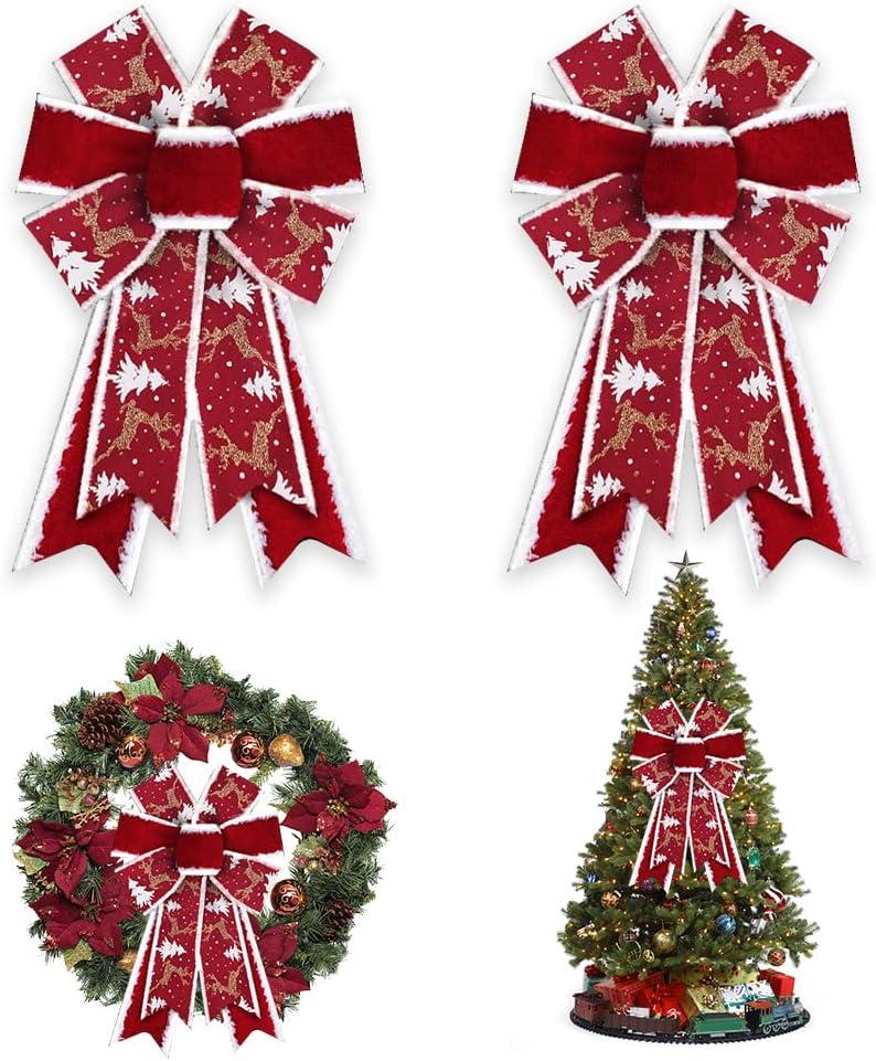 Threetols 2PCS Christmas Wreath Bows, Red Velvet Rustic Farmhouse for Front Door Winter Decorations, Glitter Deer Tree Bow for New Year Indoor Outdoor Xmas