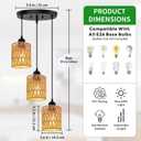 3 Light Pendant Lighting, Farmhouse Hanging Light Fixture for Kitchen Island & Dining Room, Industrial Vintage Ceiling Lamp with E26 Base, Adjustable Height, Rattan Pendant Light