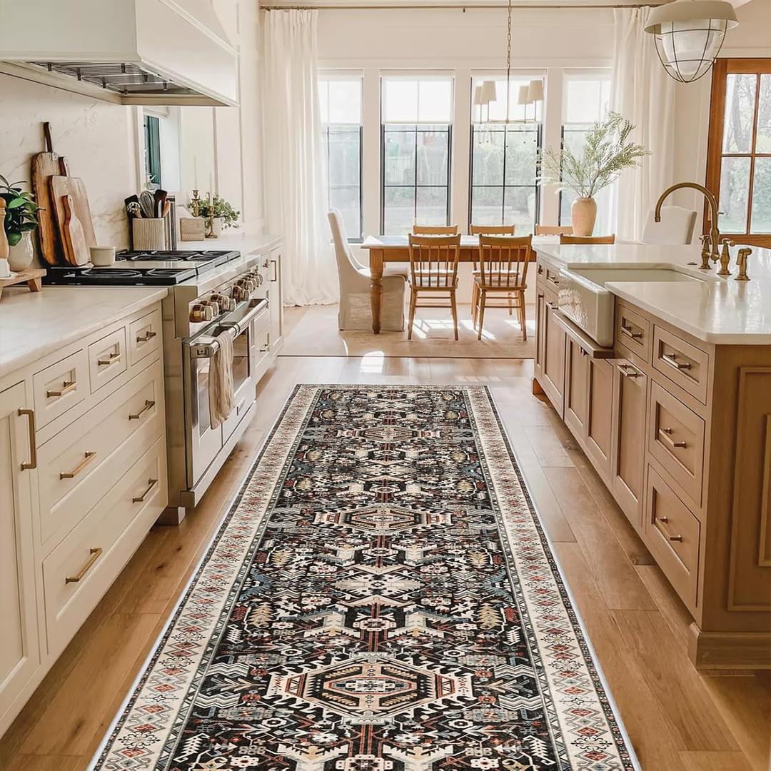 Washable Kitchen Runner Rug 2'6''x12' - Non-Slip Hallway Entryway Rugs with Rubber Backing Soft Thin Carpet for Bathroom Vintage Stain Resistant Indoor Home Decor Mat for Bedroom (Black, 2'6'' x 12')