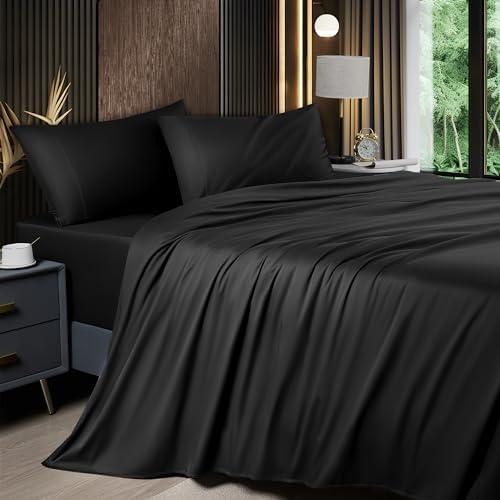Shilucheng 4 Piece Queen Sheet Sets, Cooling Sheets, Blend Rayon Derived from Bamboo, Deep Pocket Up to 16", Breathable & Soft Bed Sheets, Hotel Silky Bedding Set, Black