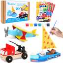Wooden Build Paint Art Crafts Kit 3 Pack, Make Your Own Car Boat & Plane DIY Craft Toys for Kids Boys, STEM Educational Toy Set for Kids Ages 4-8, 8-12