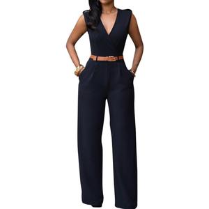 Pink Queen Jumpsuits for Women Dressy V Neck Sleeveless Wide Leg Long Pants Rompers (Small, Black)