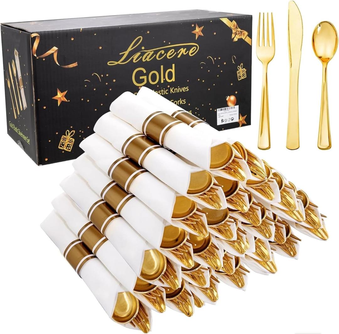 Liacere 100Pack Pre Rolled Gold Silverware and Napkin-Disposable Gold Plastic Utensils-Wrapped Plastic Cutlery Set with Napkin:100 Forks,100 Knives,100 Spoons,100 Napkins for Wedding & Graduation