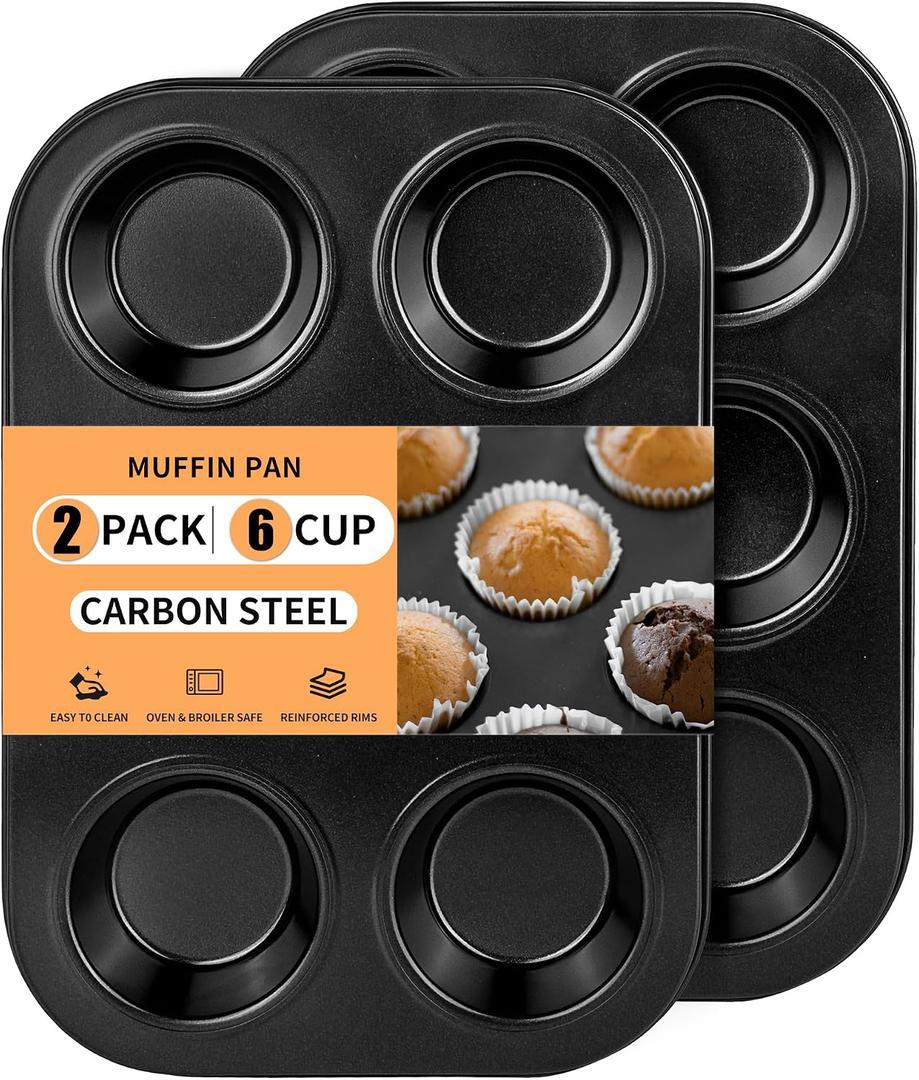 2 Pack 6-Cup Muffin Pan, Heavy-Duty Carbon Steel Nonstick Cupcake Baking Pan, 2.56 Standard Size Cups, Compact 10.43 x 7.28 Design, Oven & Dishwasher Safe (Black)