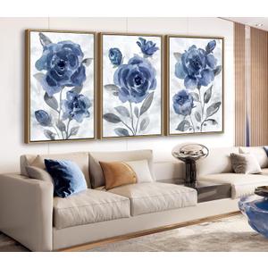 Large Framed Canvas Wall Art - Natural Float Framed Modern Indigo Flowers Pictures Decor Dark Blue Floral Grey Leaves Artwork for Bedroom Living Room Kitchen Home Office Decoration 72" X 36" Set of 3, 24" X 36" X 3pieces Framed