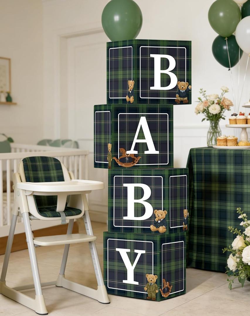4PCS Green Plaid Teddy Bear Baby Shower Boxes, Vintage Preppy Teddy Bear Party Boxes for Birthday, Baby Shower, Gender Reveal Party Decoration