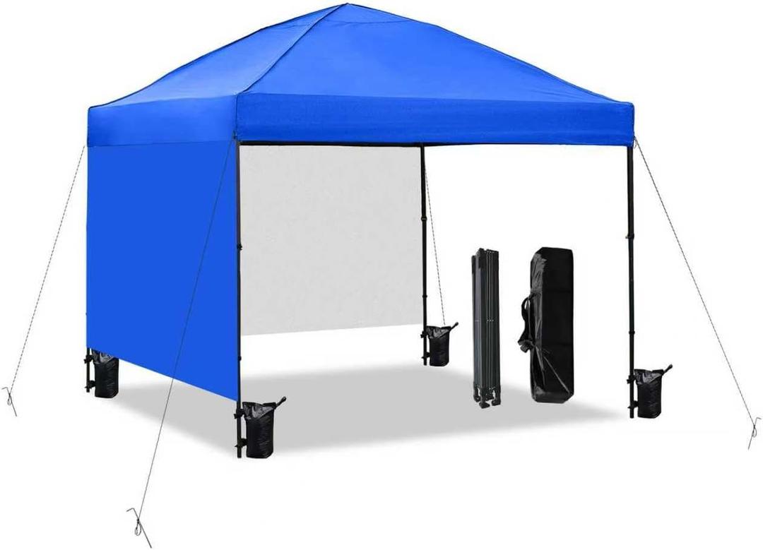 10x10 Pop Up Canopy Tent with 2 Sidewalls, Easy Up Canopy Outdoor Party Sun Shade Tent Portable Gazebo for Beach Camping Events with Carry Bag and 4 Sand Bags (Blue)