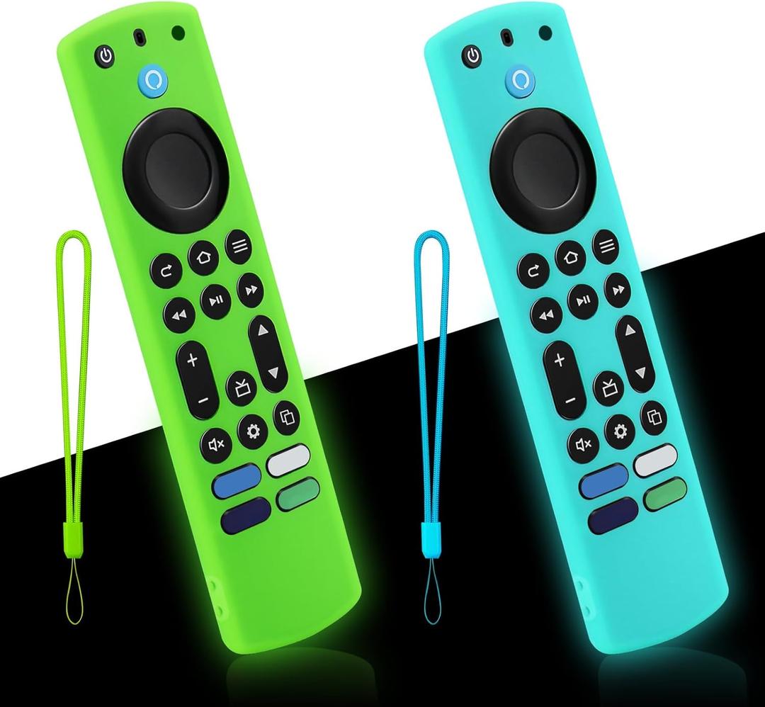 2-Pack Glowing Remote Cover for Insignia/Toshiba Smart TV Remote Controls, Anti-Slip Silicone Protective Case with Lanyard, Glow Green + Glow Blue GITD!