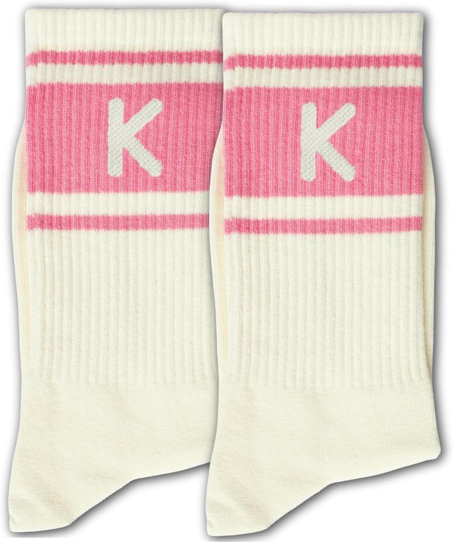 Pink and Off-white Striped Socks with The Letter (White)