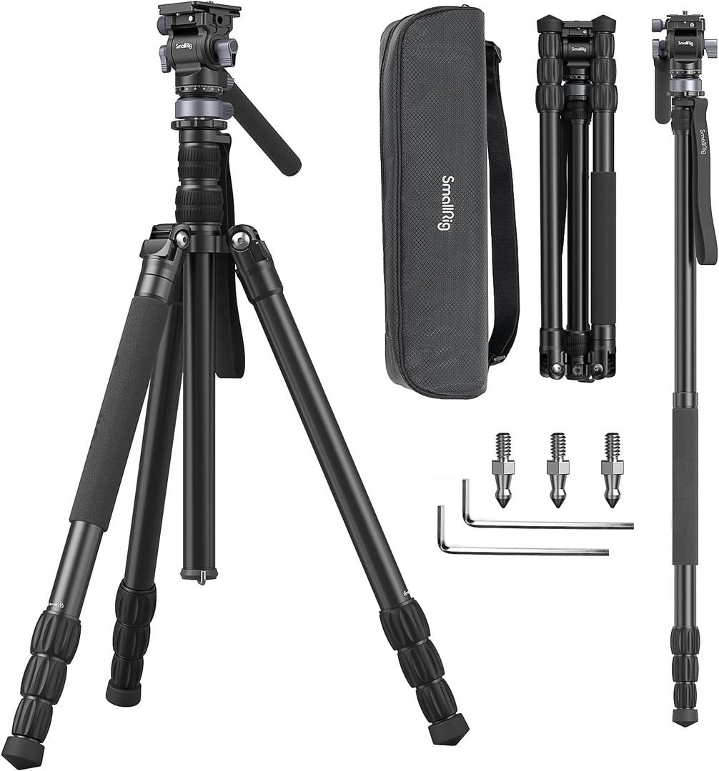 SmallRig CT190 Professional Video Tripod, 72" Camera Tripod with Leveling Base, Monopod Conversion, Video Tripod for Travel, Video and Vlogging, with Carry Bag, Load up to 8.8 lbs/4 kg - 4319