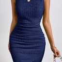 MITILLY Women Summer Formal Wedding Guest Dress Elegant Sleeveless Tank Ruched Bodycon Mini Dress with Slit (L)