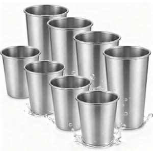 Stainless Steel Cups & Pint Tumblers Set of 8 - 4 Pack 8 oz + 4 Pack 16 oz Stackable, BPA Free Unbreakable 304 Metal Drinking Glasses for Children & Adults, Indoor Outdoor Picnic Travel Camping (EXP 07/07/26)