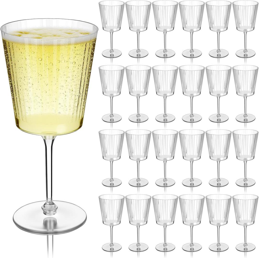 Domensi 24 Pack Plastic Ribbed Wine Glasses 13 Oz Acrylic Champagne Flutes With Stem Unbreakable Reusable Cocktail Champagne Glasses for Wedding Holiday Birthday Party Supplies (Clear)