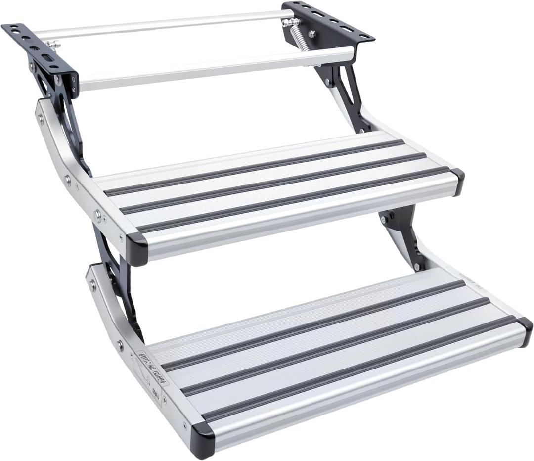RV Steps, 2-Step, Manual Retractable RV Steps, 400 LBS Load Capacity, Foldable Aluminum Alloy Camper Steps, Thickened Steel Plate Trailer Steps, Non-Slip Design, Ideal for RV, Trailer, Camper (Silver)