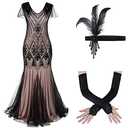 Women's 1920s Flapper Dress Vintage Great Gatsby Party Dress Fringe Sequin Maxi Evening Cocktail Dresses Lady Floor Length Long Prom Formal Wedding Dance Gown with 20s Accessories Set Black + Pink XL